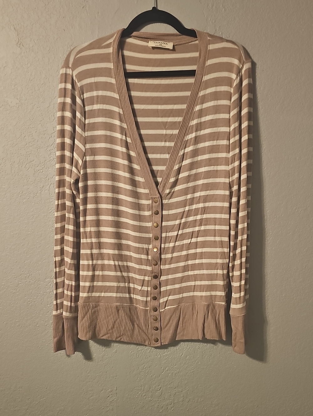 Zenana Outfitters Taupe & White Striped Button-Front Cardigan